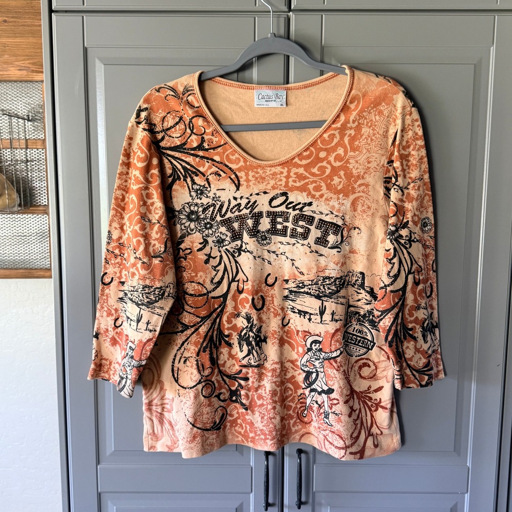 Cactus Bay Women's Y2K Embellished Way Out West Cowgirl 3/4 Print Top,Orange, XL